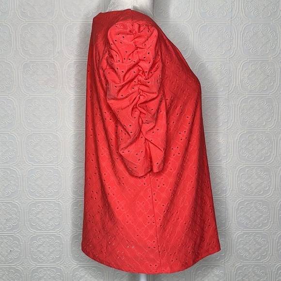 CeCe | Melon Color Eyelet Ruched Sleeve Knit Top - Picture 7 of 9